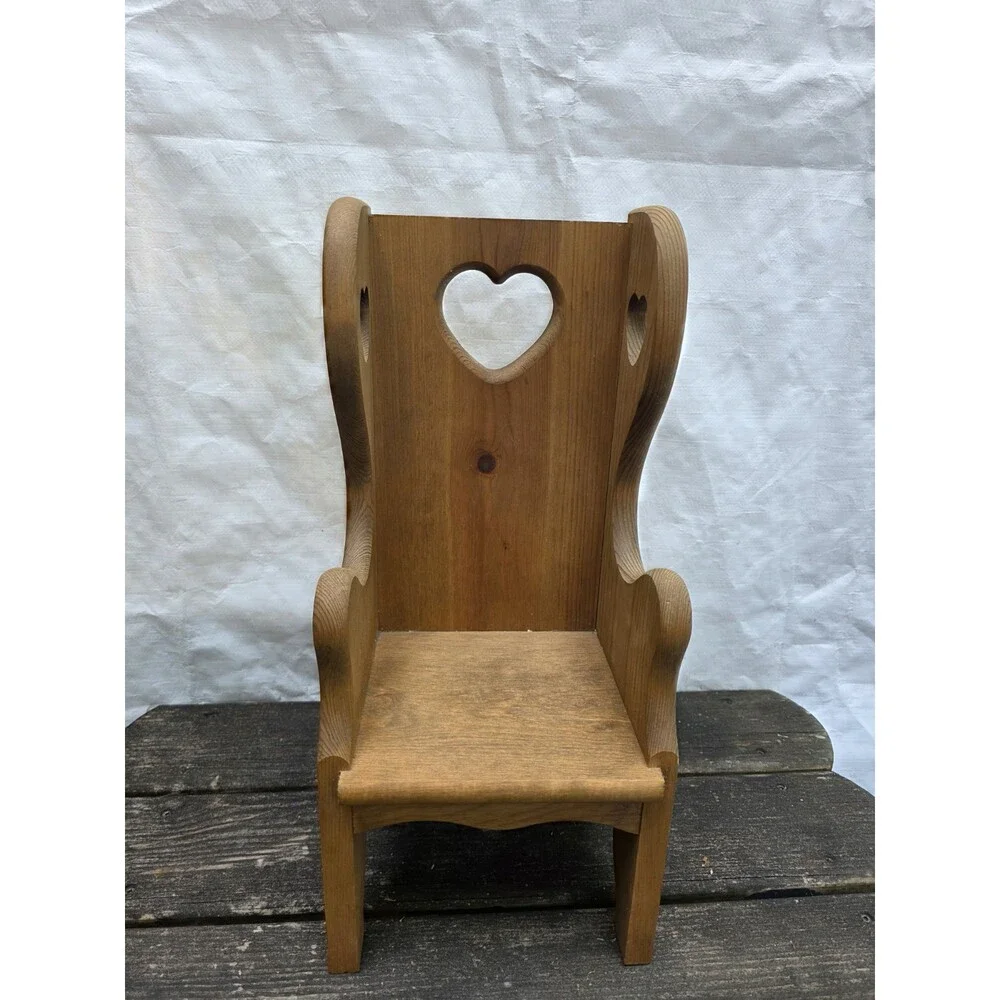 Vintage Rustic Wooden Doll Chair Display Bench Shelf Child Heart Cut Out